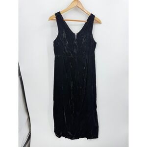 Basics Vintage Crushed Velvet Midi Dress Women Medium Black Rosette Made in USA